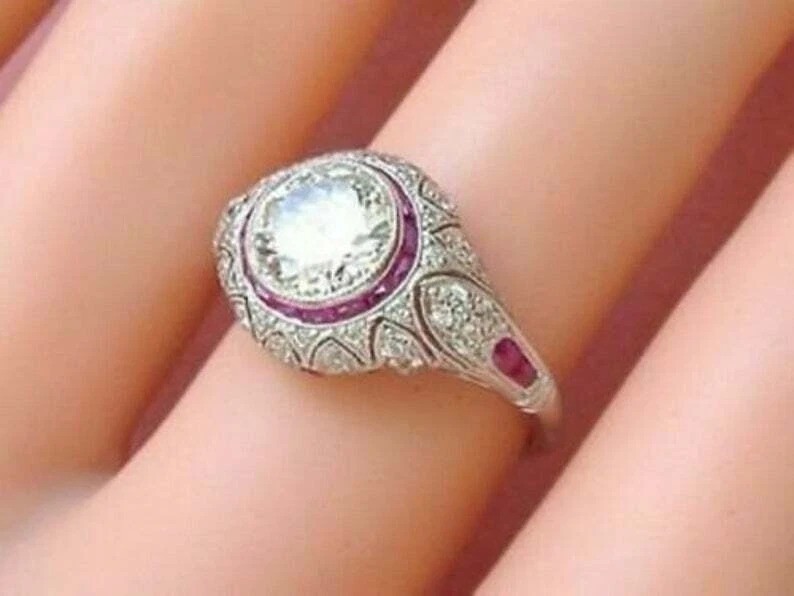 3Ct Art Deco Style Lab Created Diamond & Ruby Wedding 14K White Gold Finish Ring