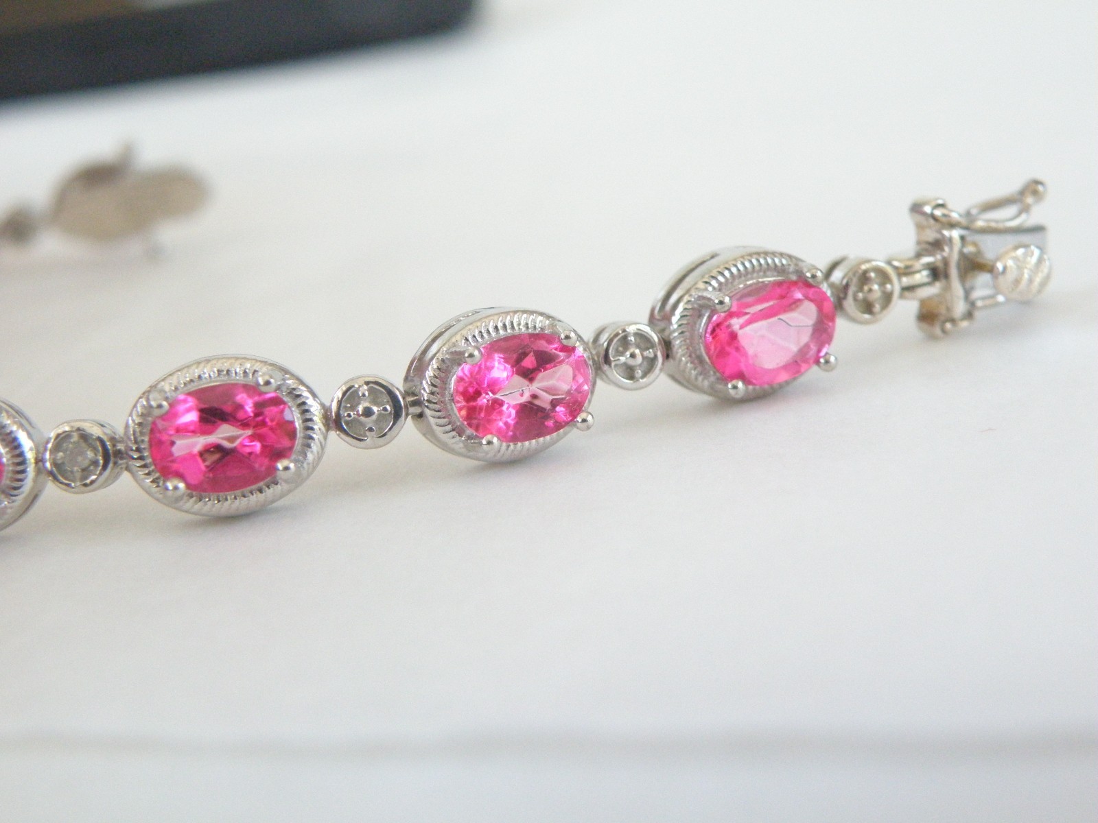 Sterling Silver 925 Natural Pink Topaz Diamond Tennis Bracelet 7.5″