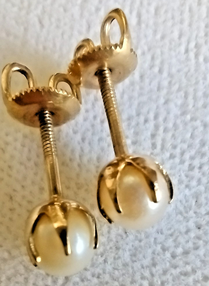ANTIQUE Victorian BDA 10K Gold 4mm Cultured Pearl Threaded Post Pierced EARRINGS
