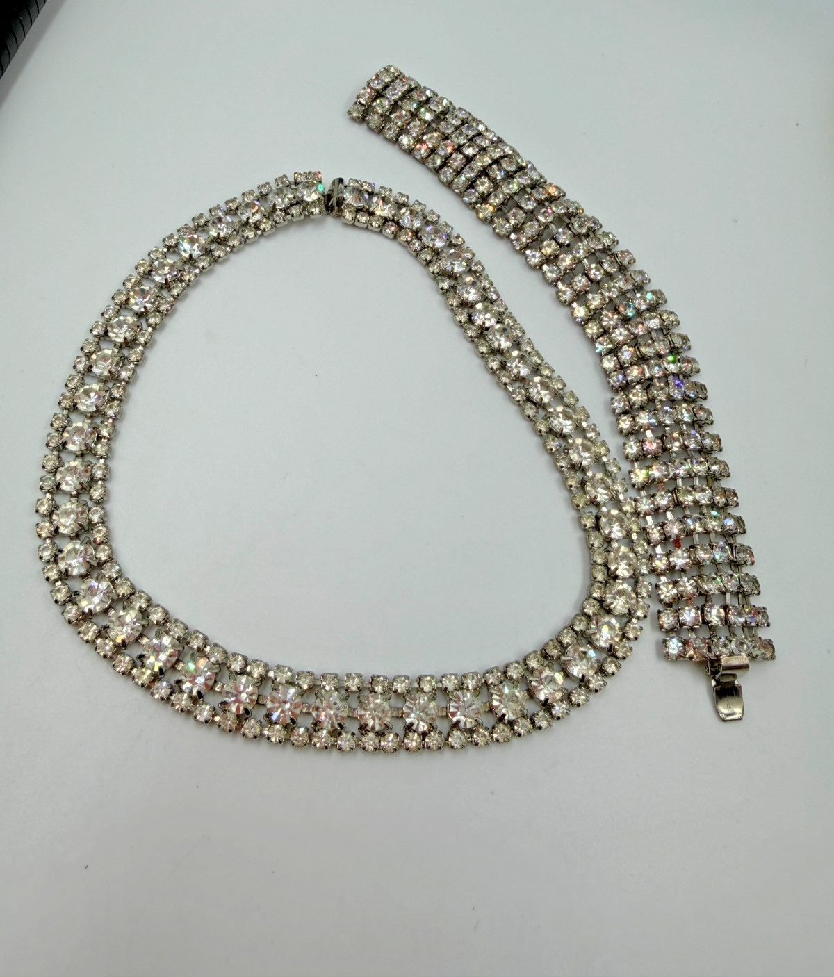 Vintage Jewelry Lot Rhinestone Clear Bracelet Necklace Not Matching 2 Piece