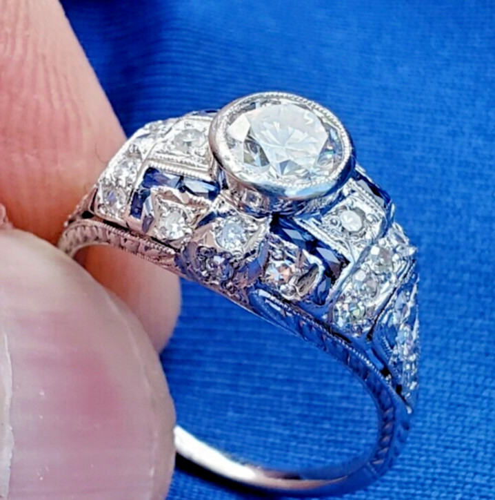 Original EARTH MINED DIAMOND Deco Engagement Ring Platinum Sapphire Solitaire 6