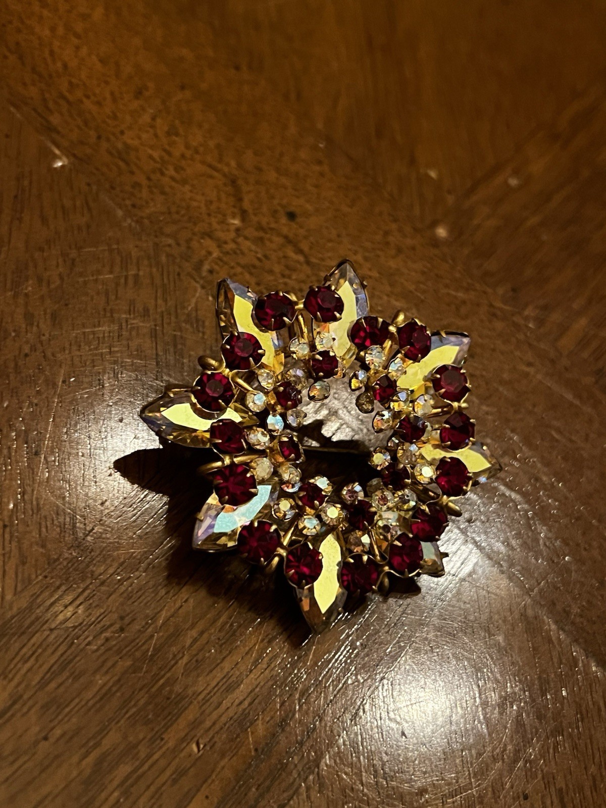 Vintage Austrian Red & Clear AB Rhinestone Floral Wreath Brooch Gold Tone Nice!