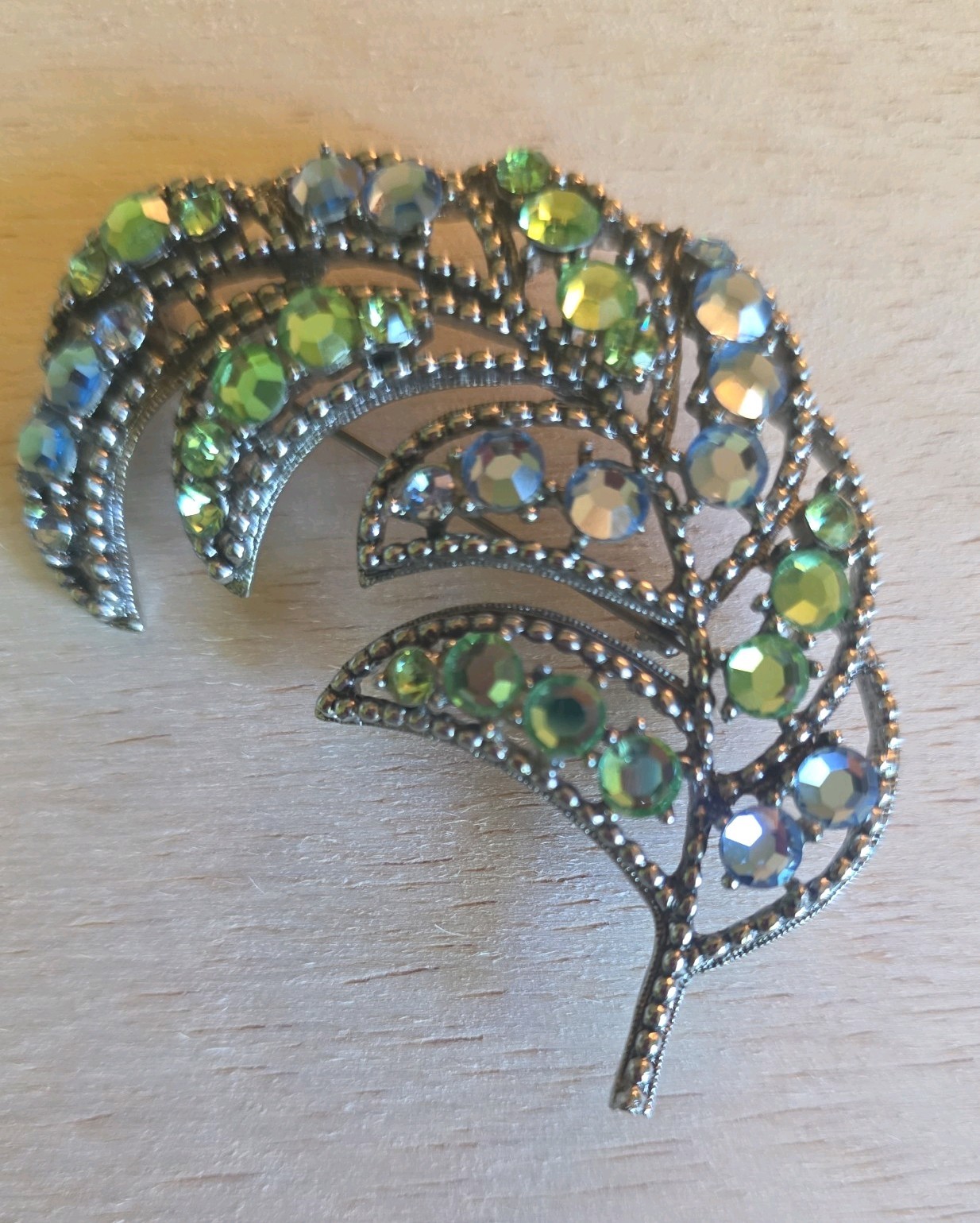 Vintage WEISS RHINESTONE BROOCH pale blue & light green Rhinestone Feather Pin