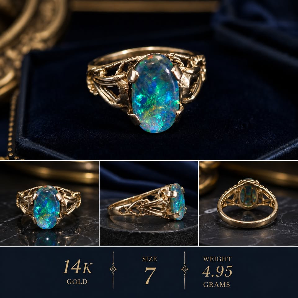 Vintage 14K Gold Natural Opal Ring Size 7 Estate Filigree Setting 4.95 Grams