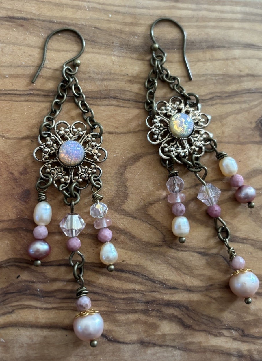 Vintage Boho Earrings Brass-Tone w/Opal-Glass on Alloy Filigree, Pearl+ danglers