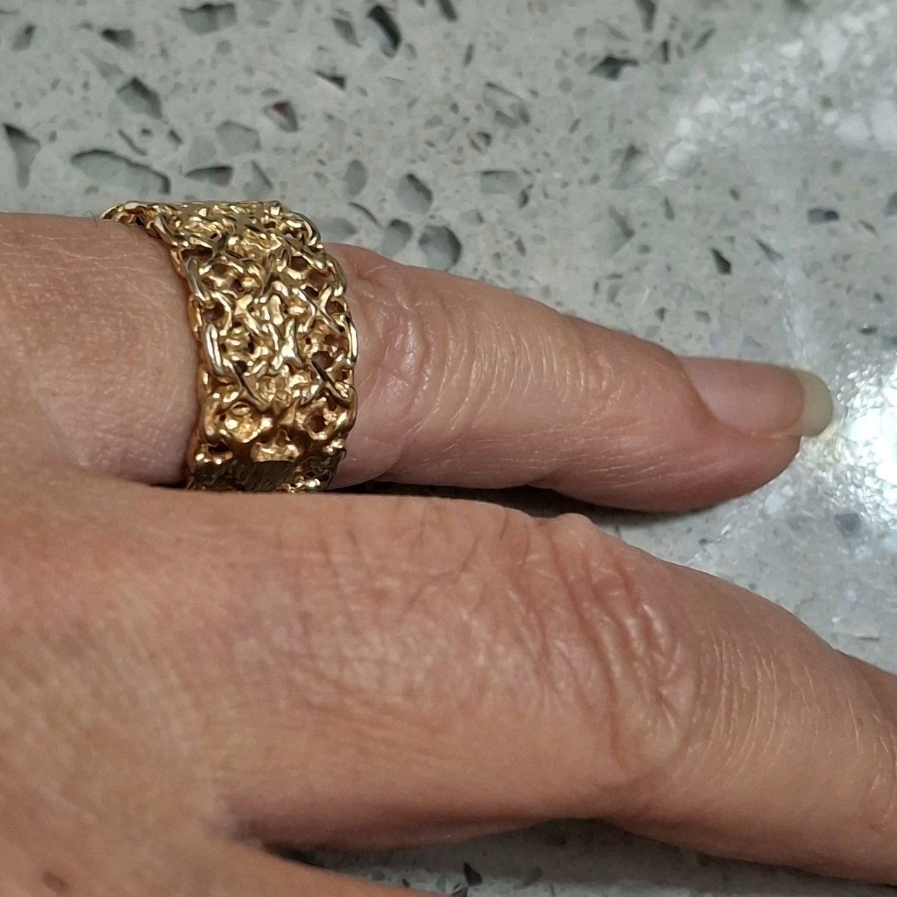 Vintage Brutalist Ring Wide Band Scroll Weave Gold Tone SZ6 Quality Handmade 60s