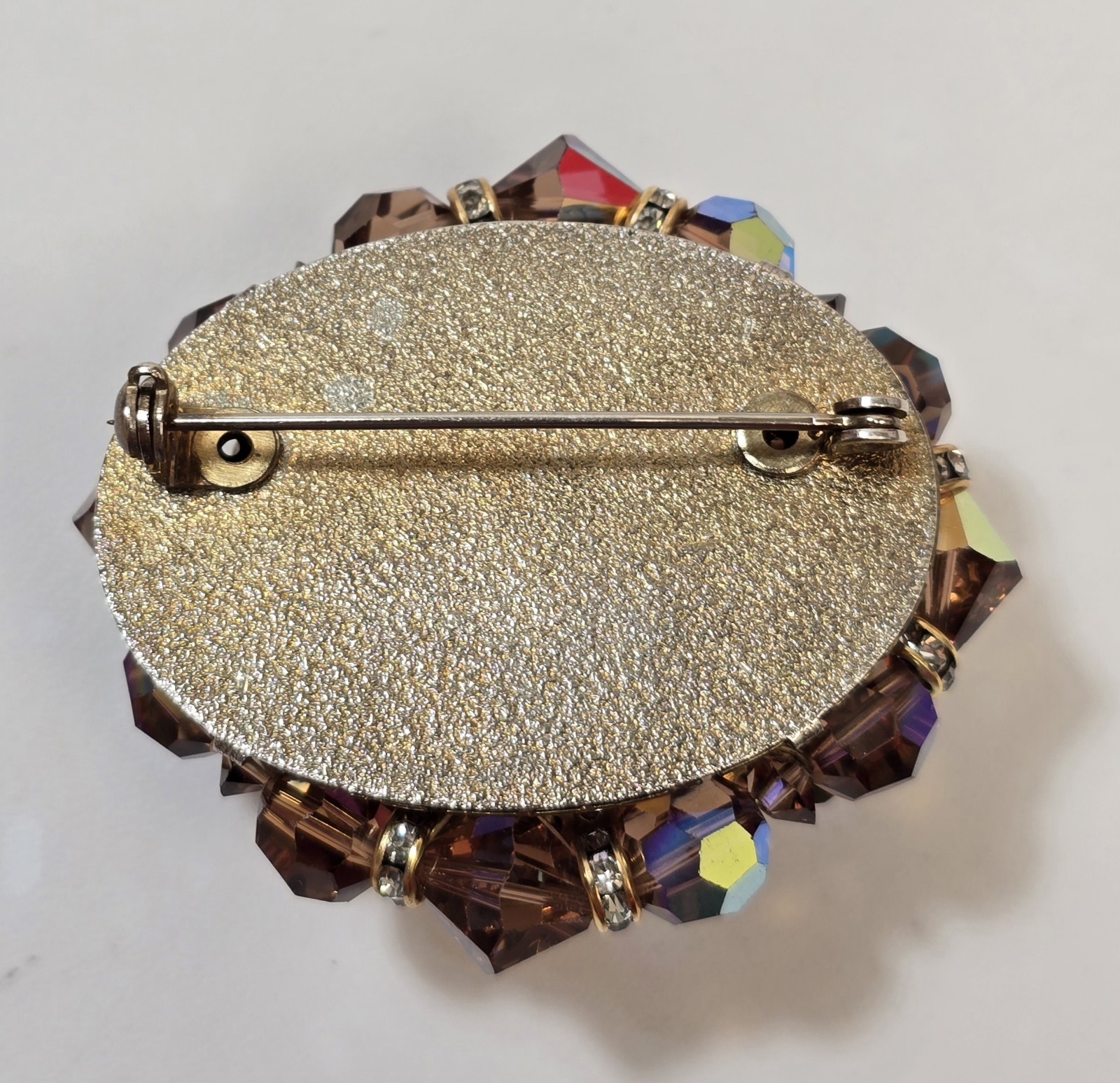 Vintage Large Clear Rhinestone Layered Dark Topaz AB Crystal Bead Brooch