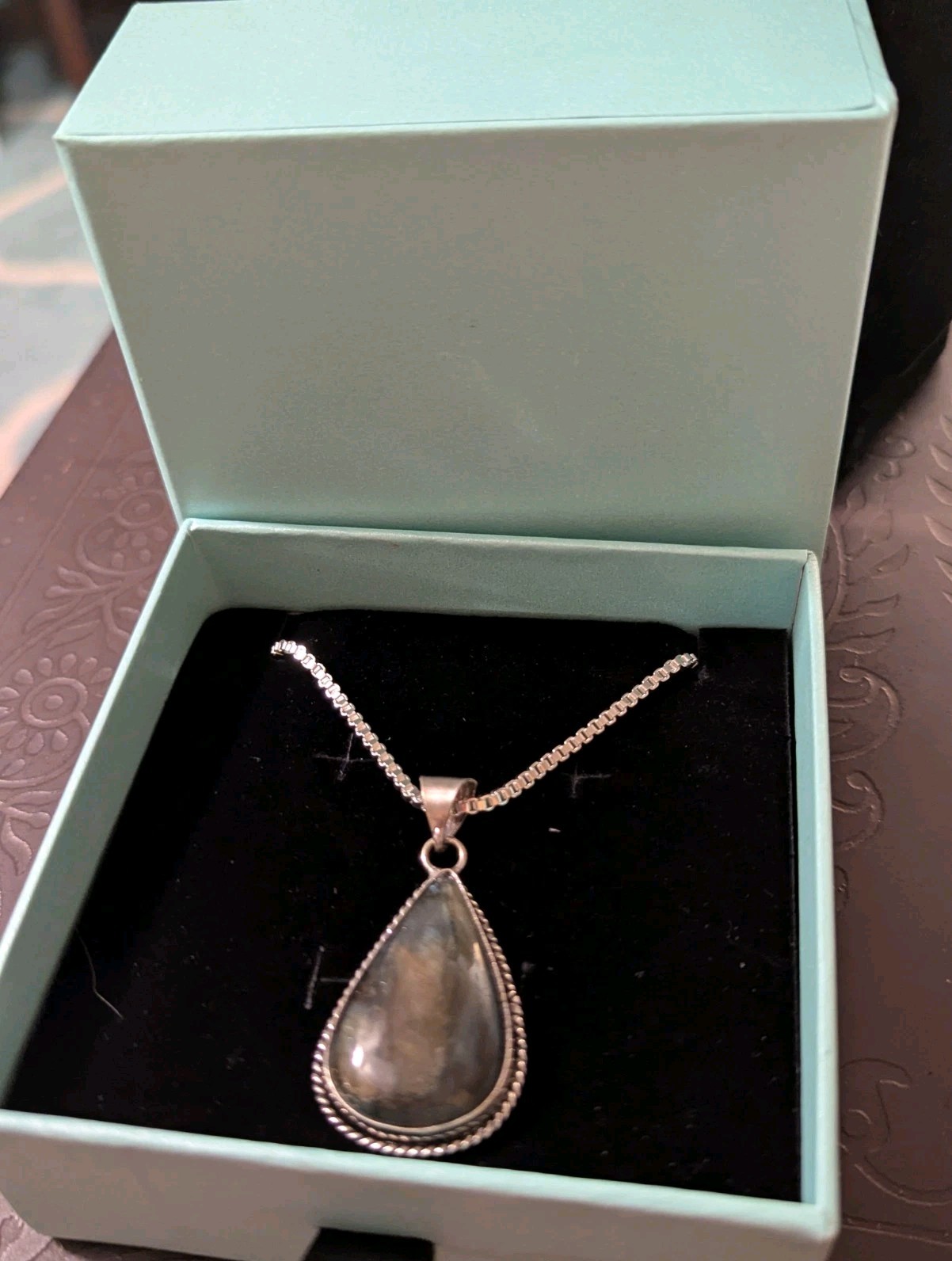 Vintage Sterling Silver Labradorite Oval Pendant on New 925 Box Chain Gift Ready