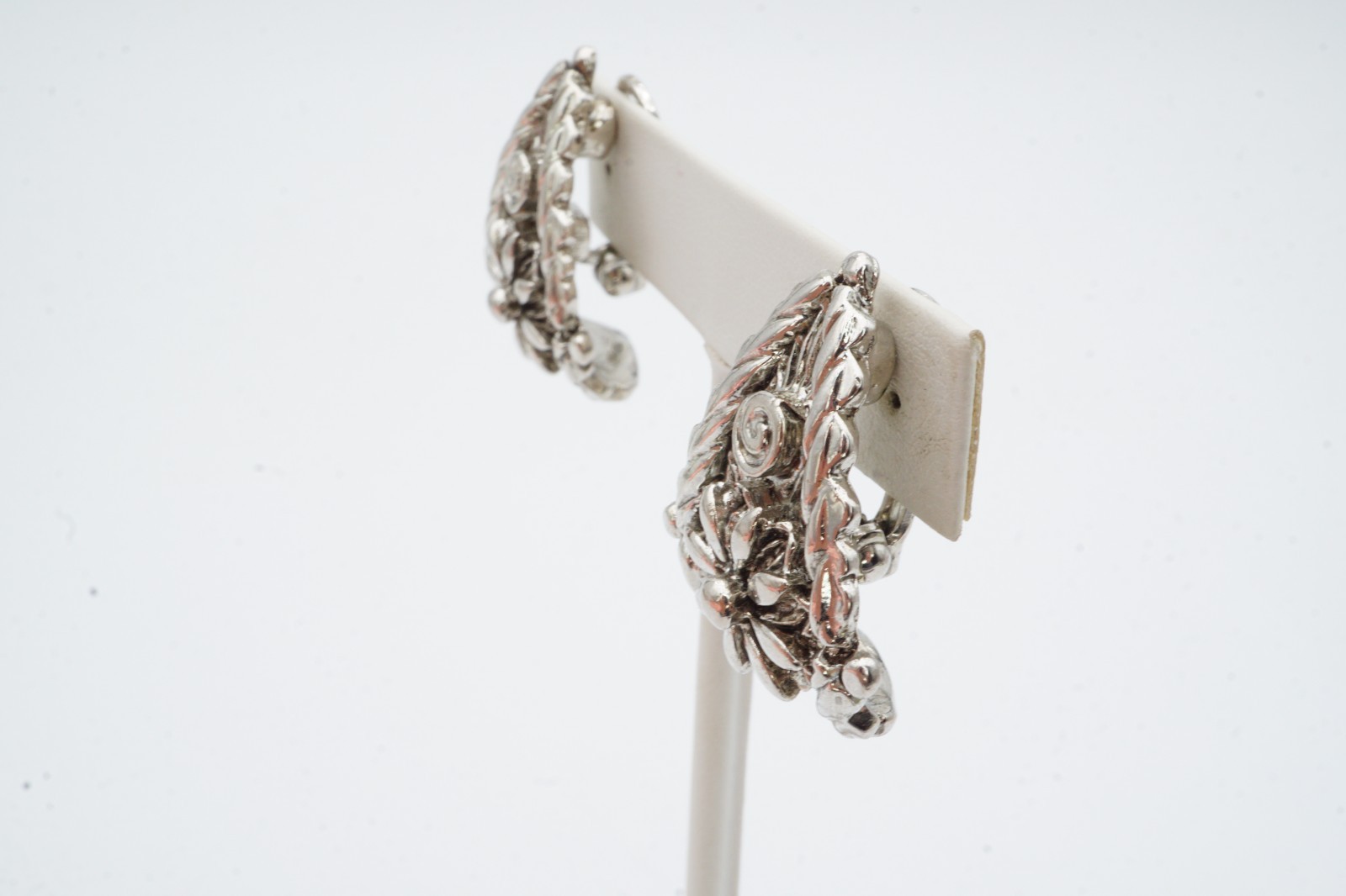 Vintage Clip On Earrings Silver Tone Textured Flower
