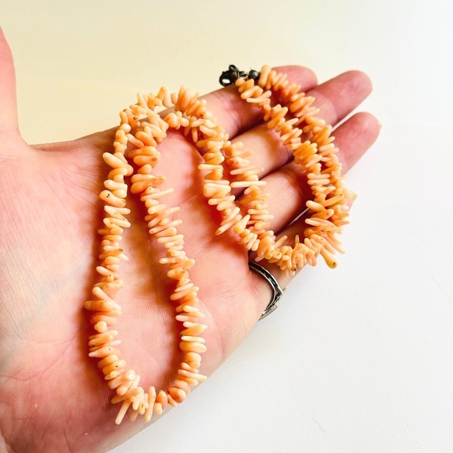 VTG Mediterranean pink Coral Natural Necklace Branch Beads Genuine Sterling 22″L