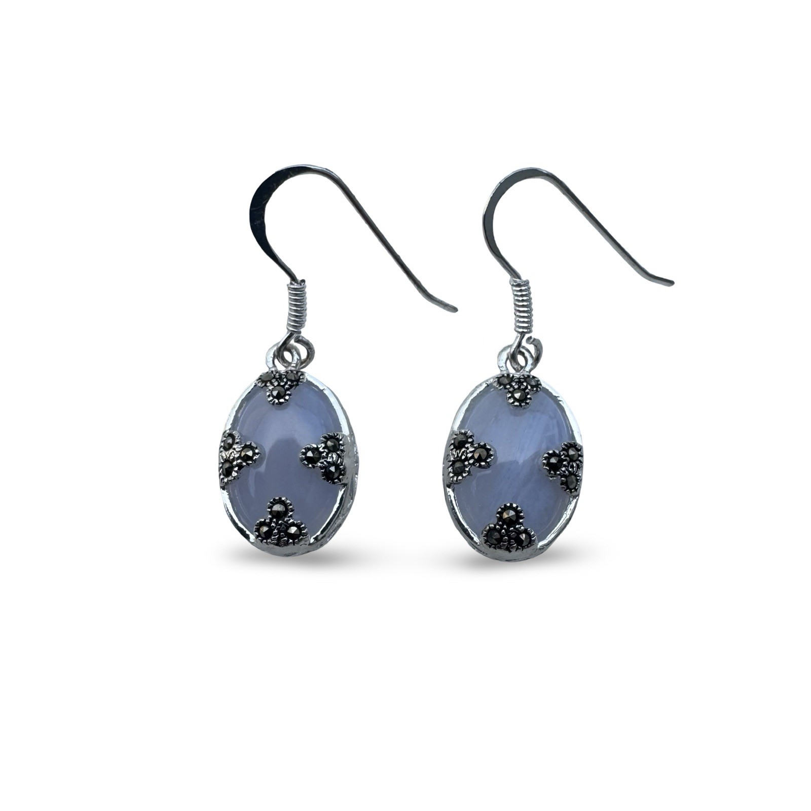 Blue Lace agate Lavender Color Sterling Silver Vintage Earrings With Marcasite