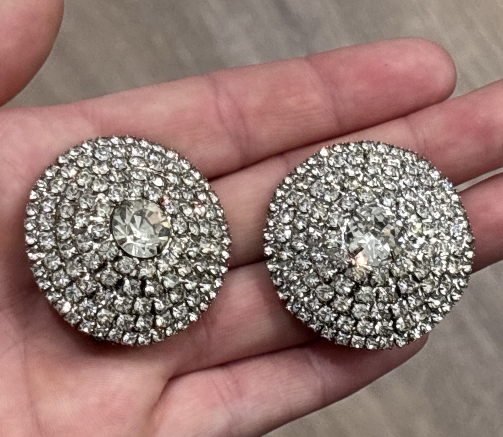 Vintage Rhinestone Dome Clip On Earrings Statement Huge Bold Glam Sparkle