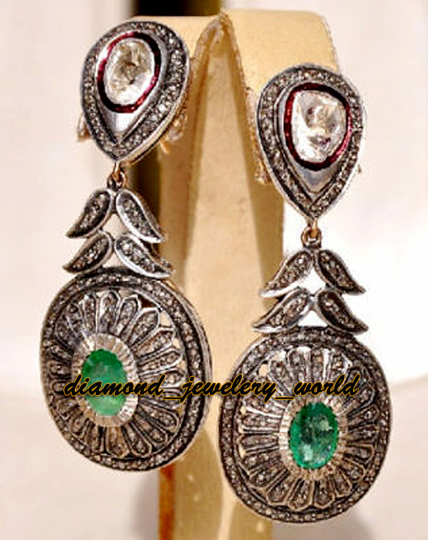 Stunning 3.80ctw Rose Antique Cut Diamond Emerald Silver Vintage Earring Jewelry