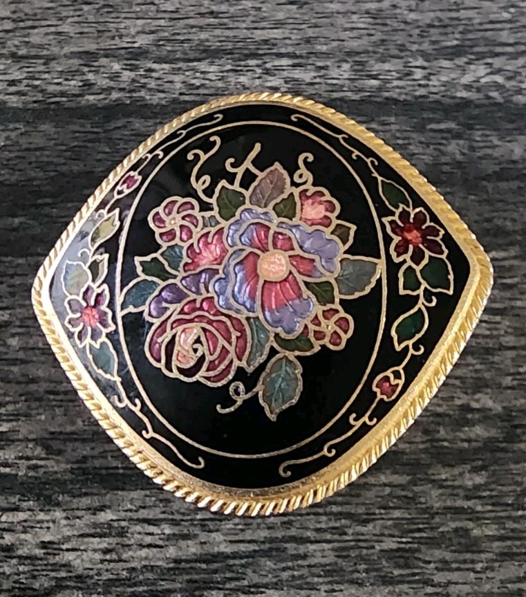 Cloisonné enamel Bolo Tie Slide Floral Black Red Green Blue 2″ Vintage