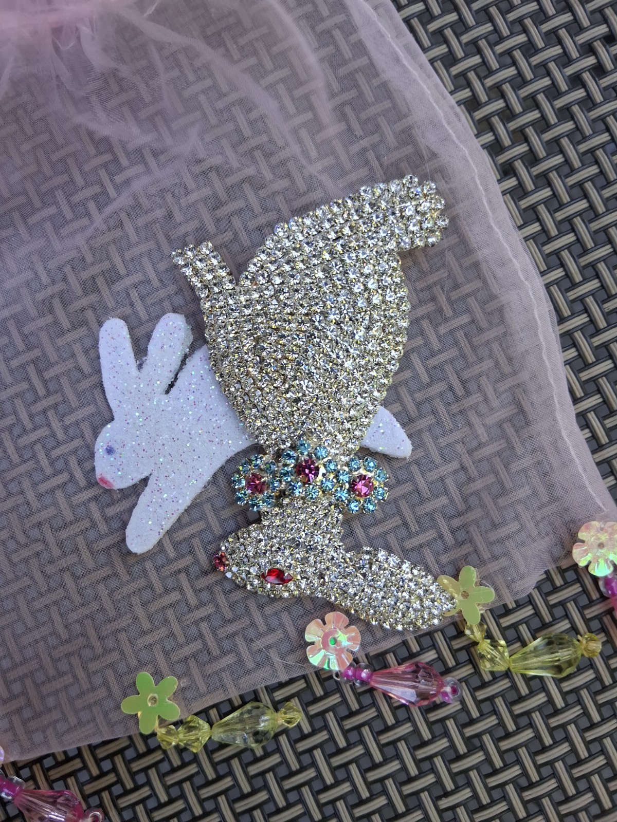 Beautiful Huge Rhinestone Bunny Brooch with Beaded Decorative Bag Vintage