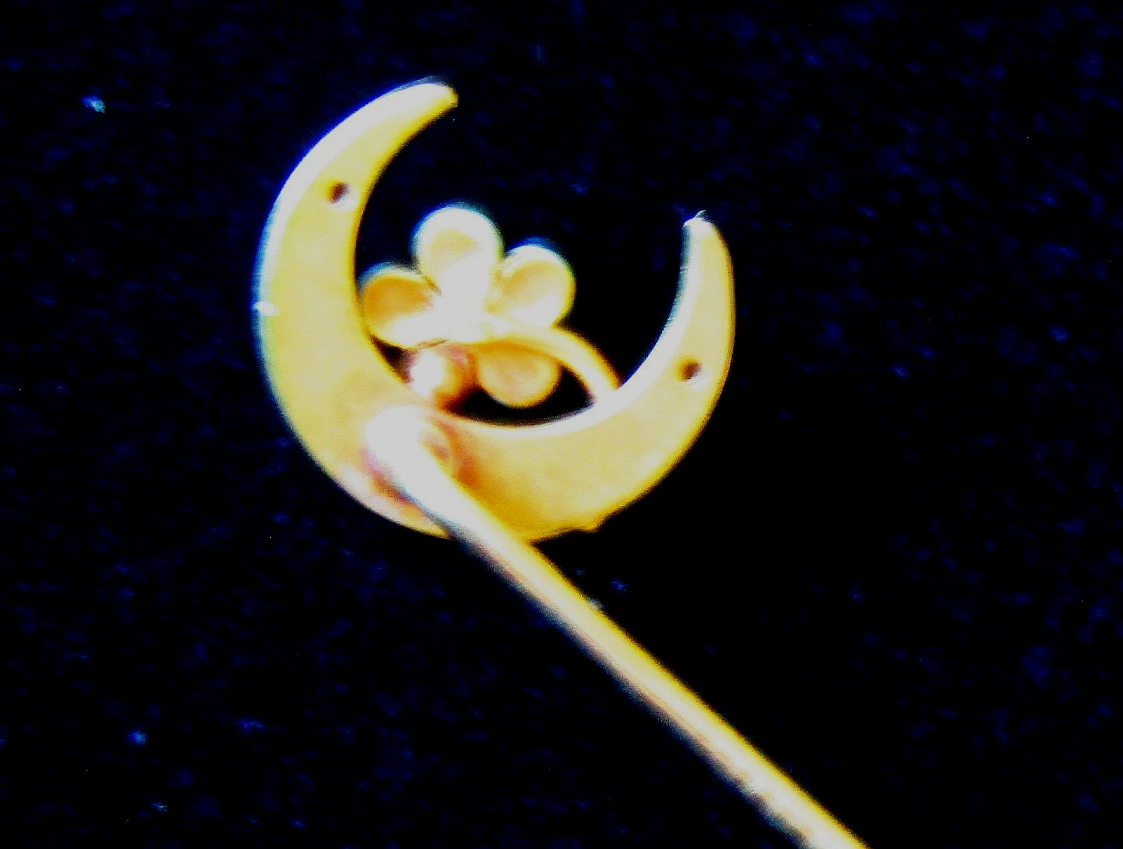 Victorian CRESCENT MOON & Forget Me Not Gold & Turquoise Stick Pin