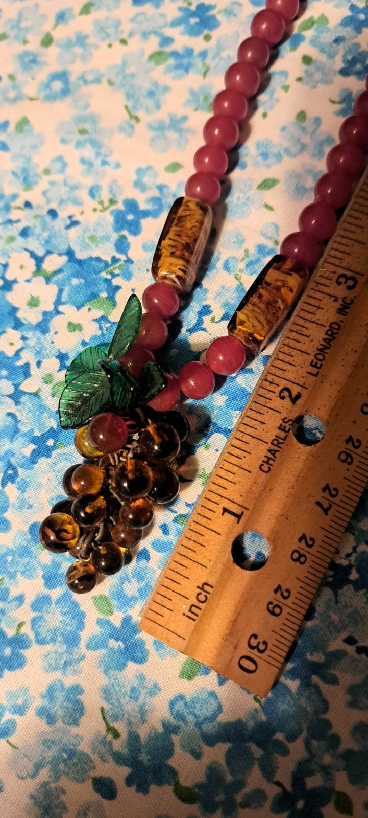 Vintage Red Beaded Necklace With A Cluster Of Grapes And Green Leaf Beads 21 In