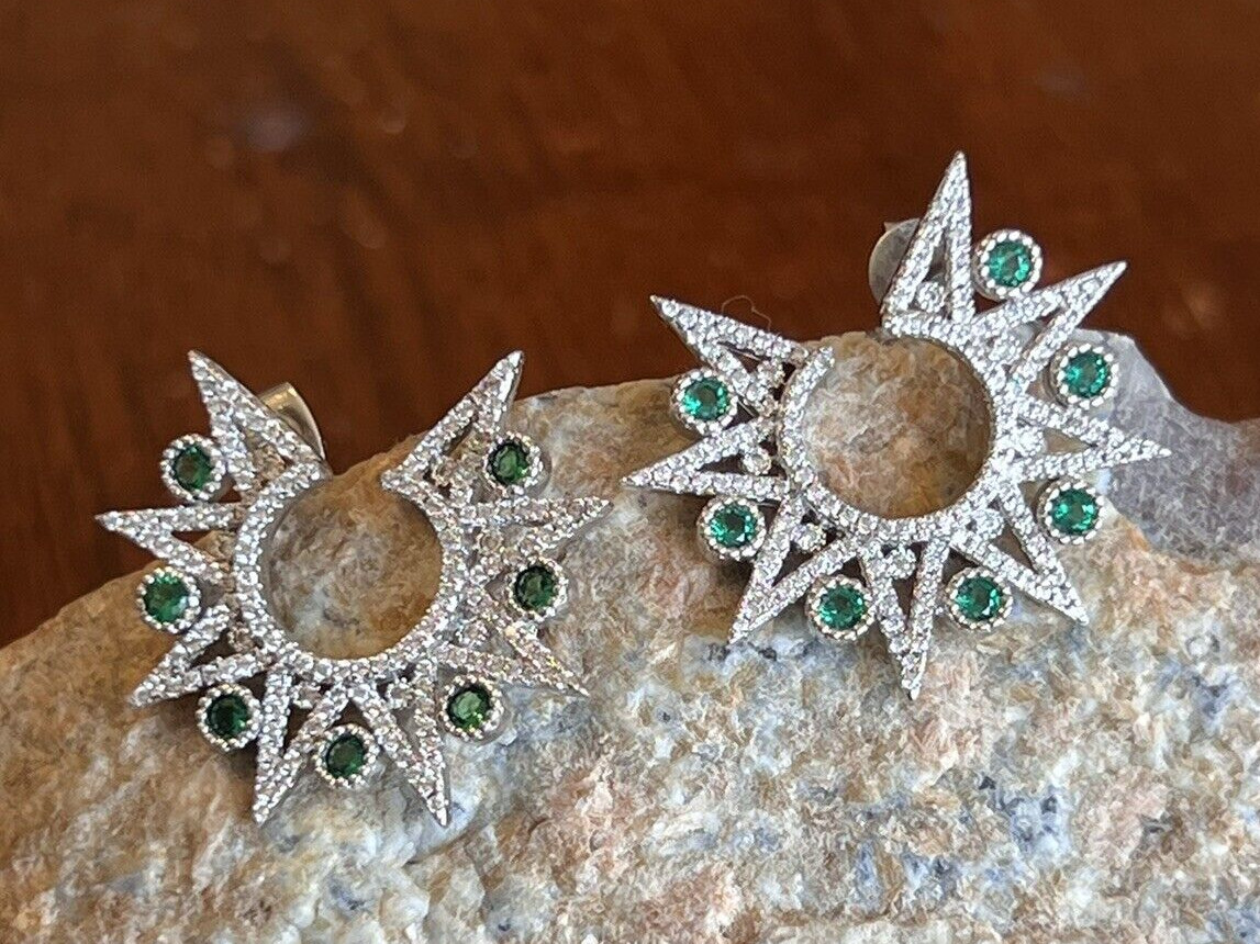 Vtg Sterling Star Point Statement Earrings, Emerald Green & Clear CZ Settings