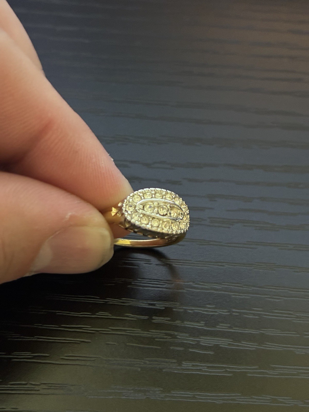 Vintage Womans Antique Pave Crystal Cocktail Ring 18k Gold Electroplate Size 5.5