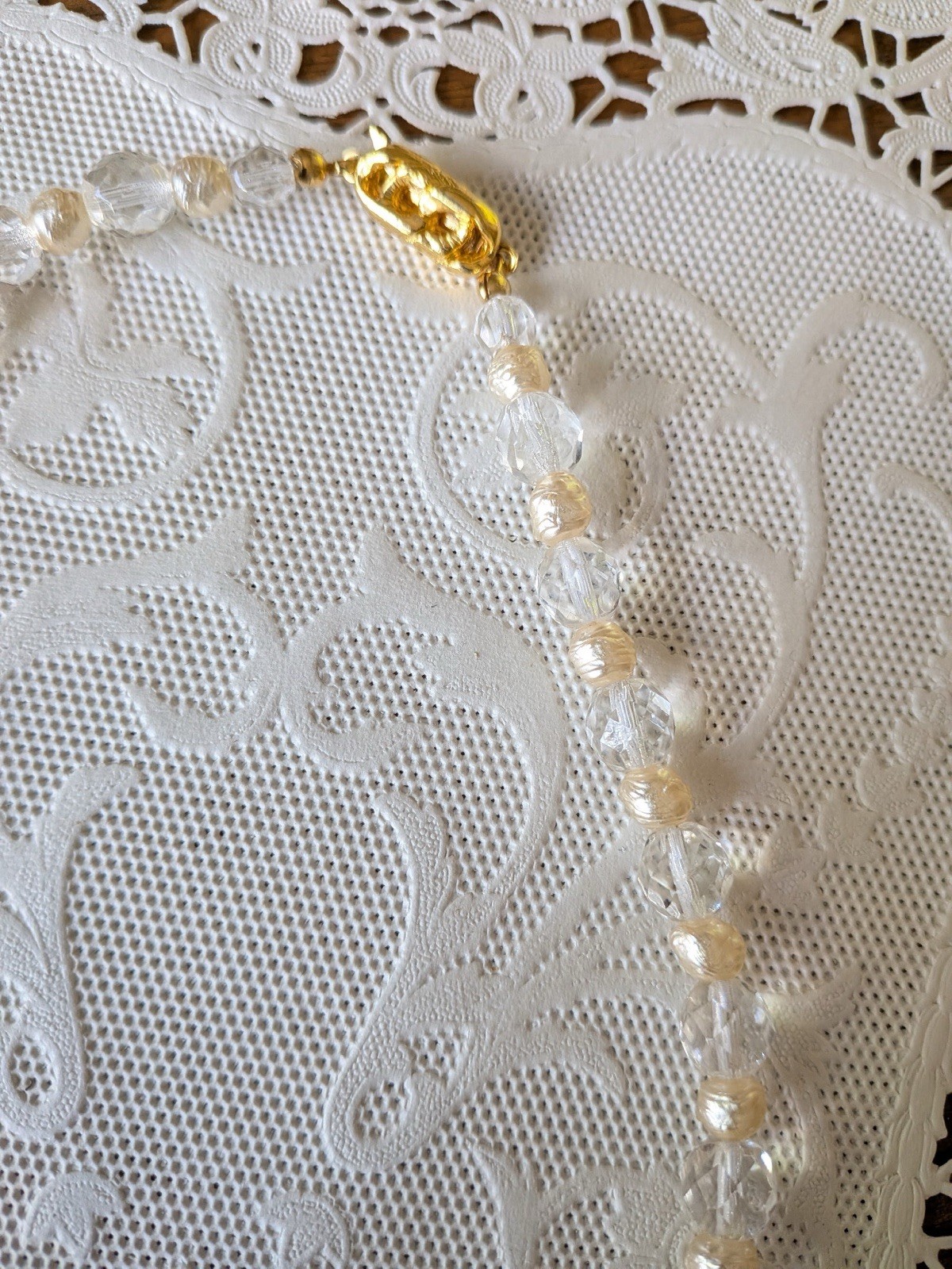 Vintage Venetian Necklace Clear, White, & Faux Pearl Flower Bead Art Glass 17″