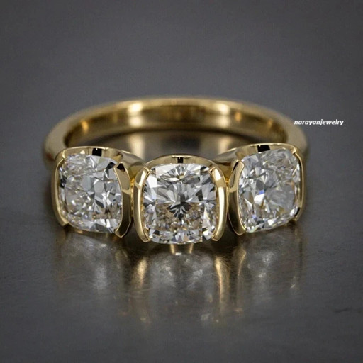 1.50 Ct Cushion Cut Lab-Created Three Stone Engagement Ring 14K Yellow Gold FN