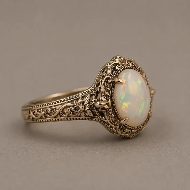 Natural Ethiopian Opal Ring 925 Sterling Silver Vintage Opal Oval Ring