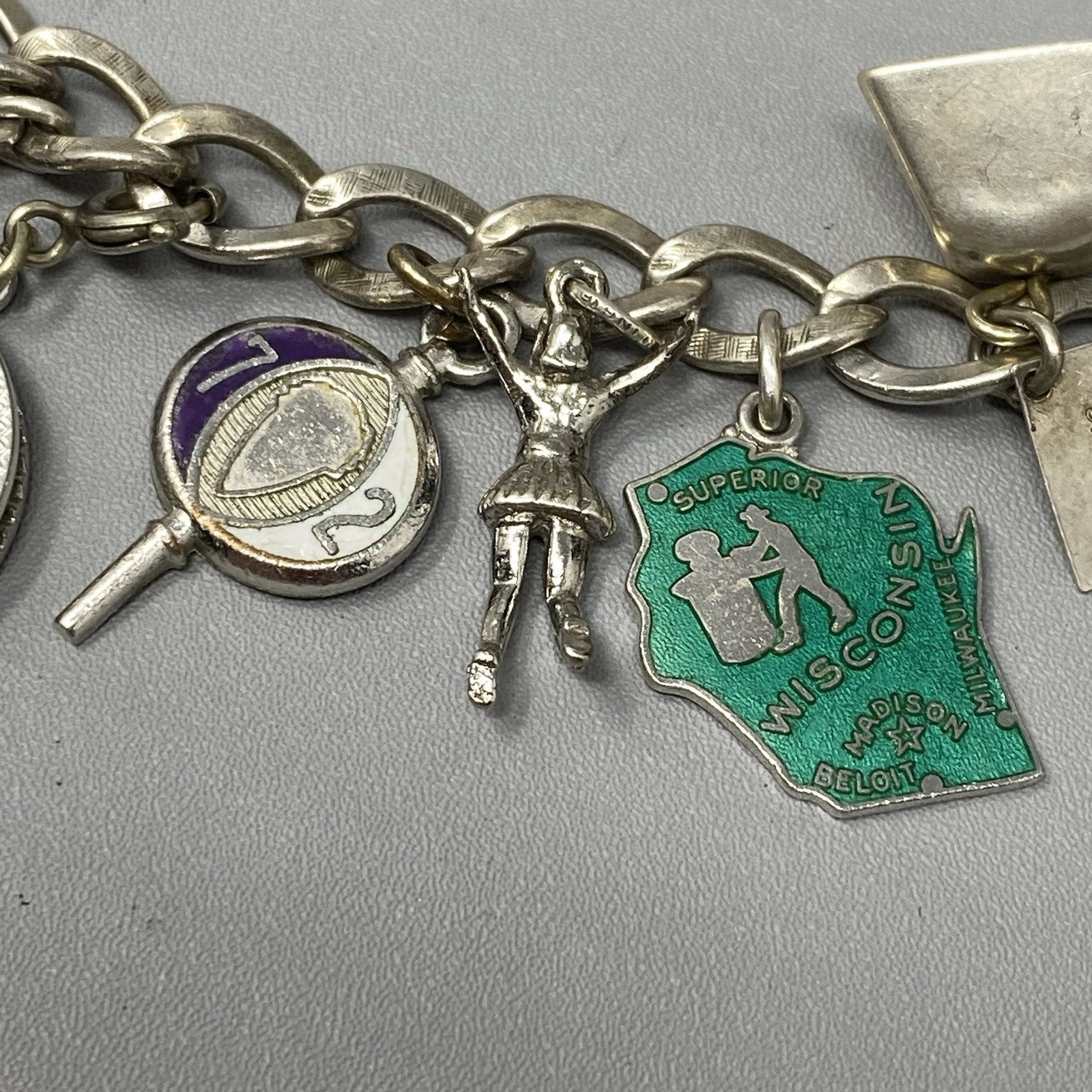 VTG 20 Charm Bracelet Sterling Silver Birthday Natie Cowbell School Hearts 6.5″