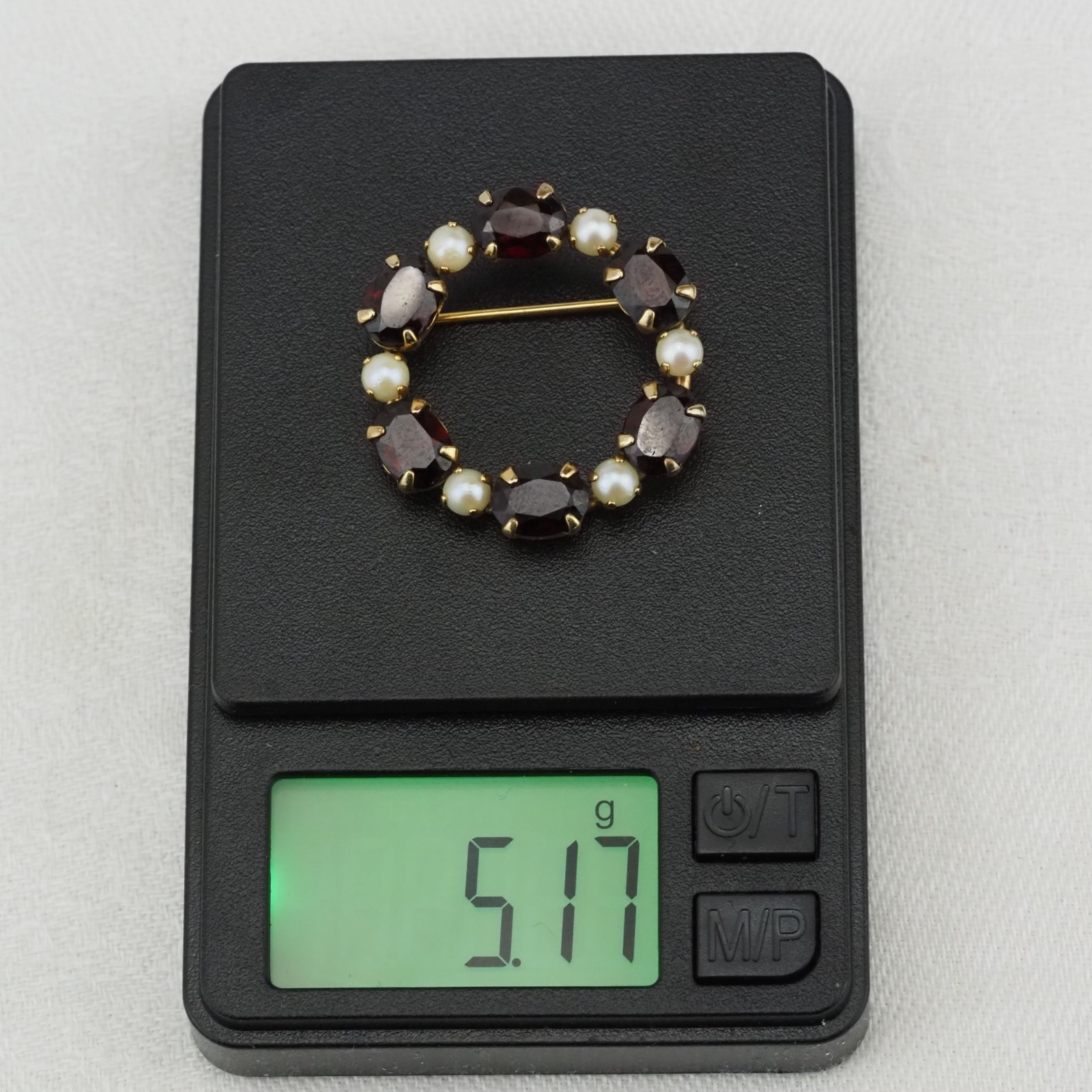 Vintage Ronci 12k Gold Filled Garnet and Pearl Round Circle Pin Brooch