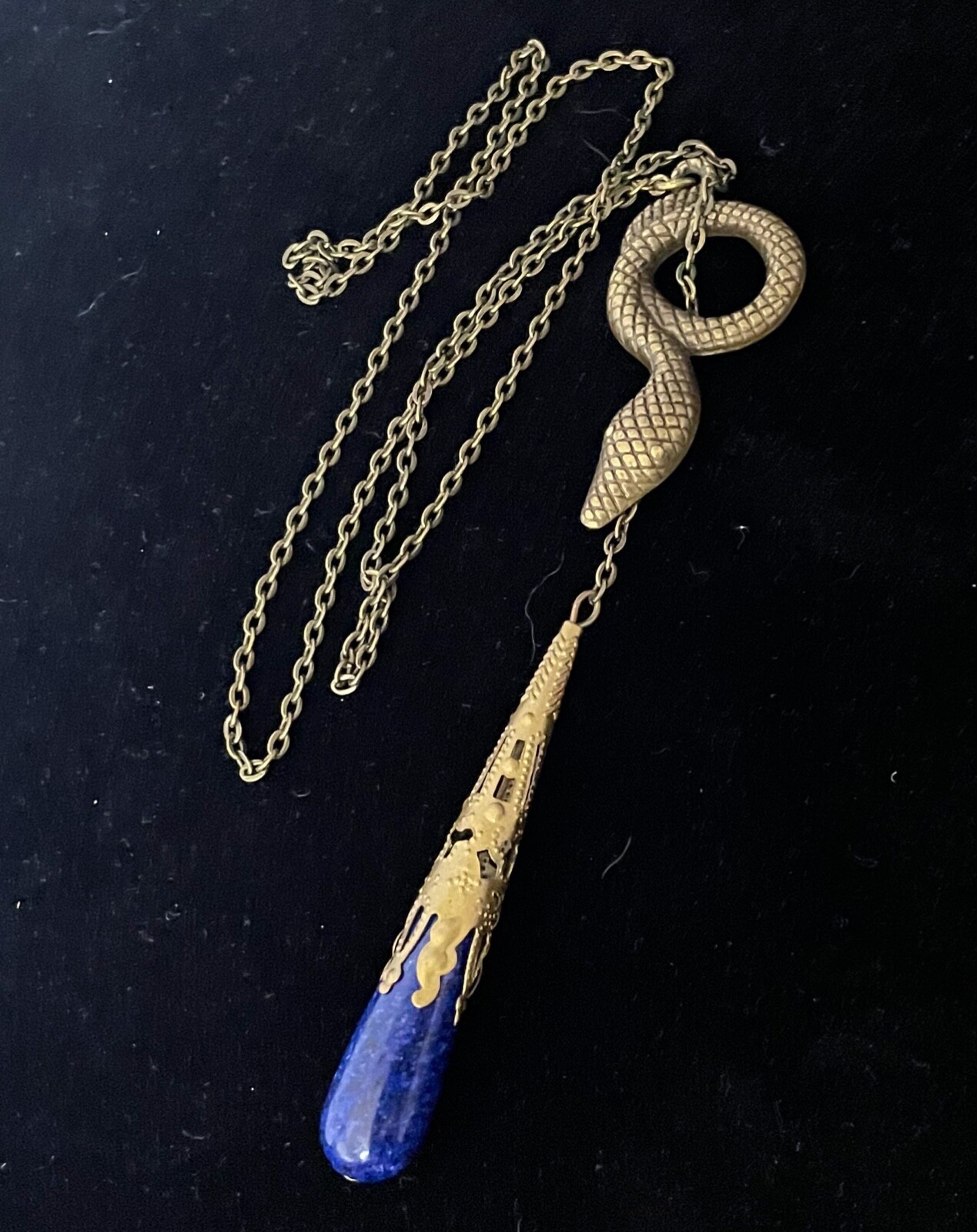 Lariat Necklace Egyptian Revival Coiled Snake Pendant Blue Lapis Lazuli Drop