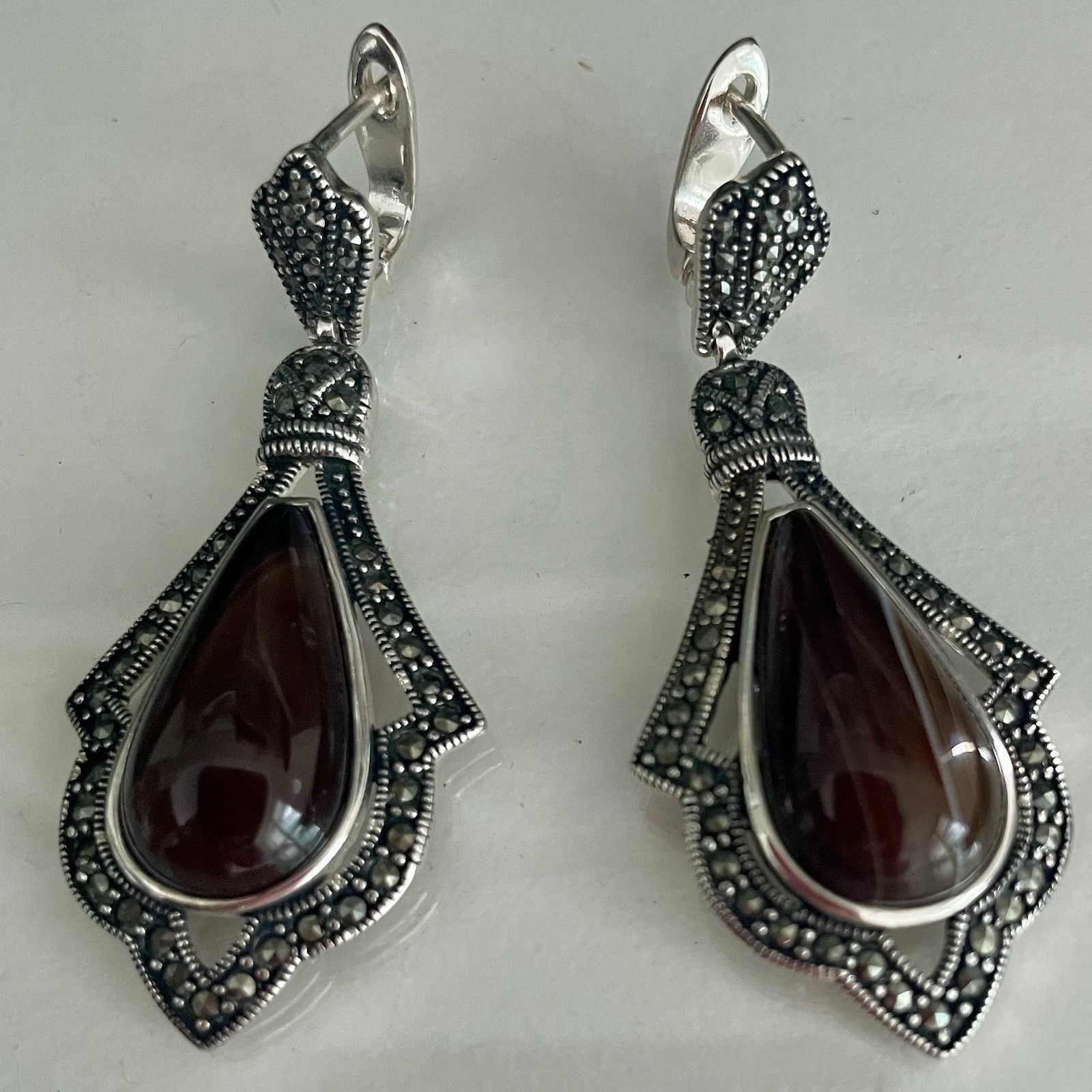 QSYZP Silver Marcasite Banded Agate Sardonyx Teardrop Dangle Earrings Vintage