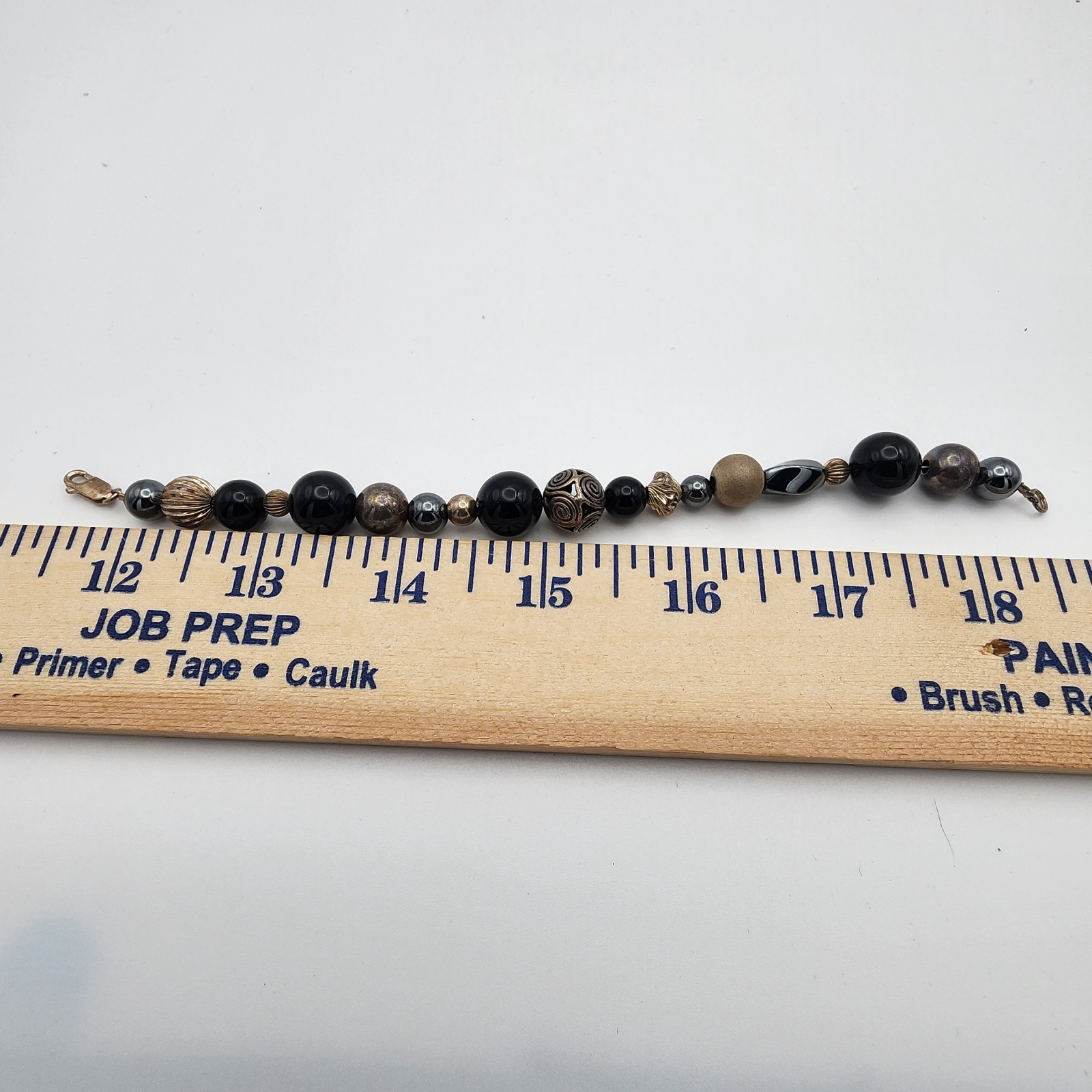 VTG 925 Silver Mixed Bead Hematite Onyx Bracelet 6.75″ Black Boho GUC