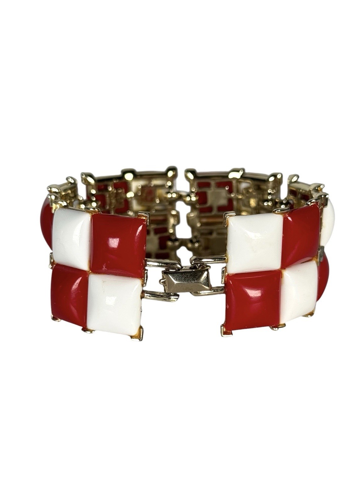 Vintage KRAMER NY Red & White Square Cabochon Checkers Link Bracelet Gold Tone