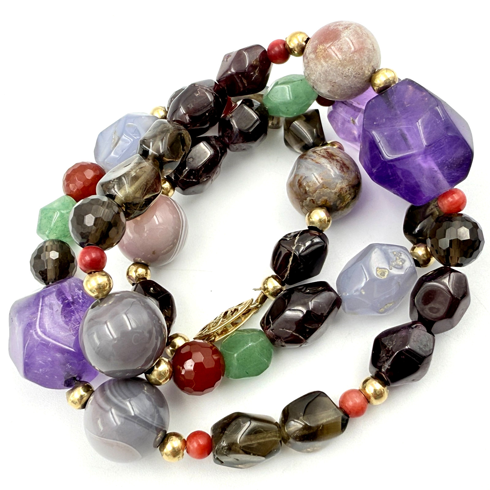 Spectacular 14K Gold Amethyst Garnet Quartz Chalcedony Beaded Necklace
