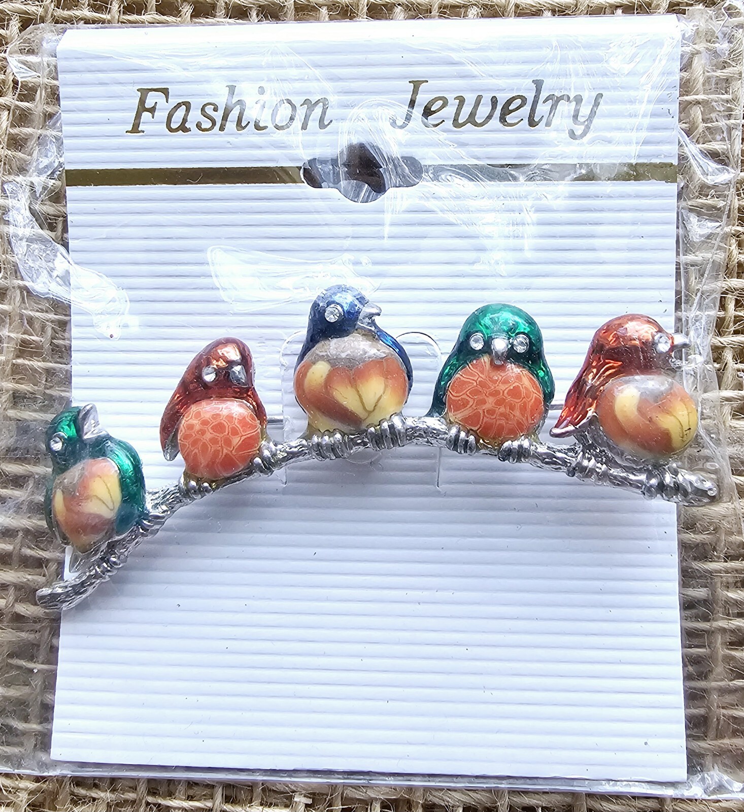 New 5 Birds On Branch Brooch Silvertone Costume Jewelry 2.5″