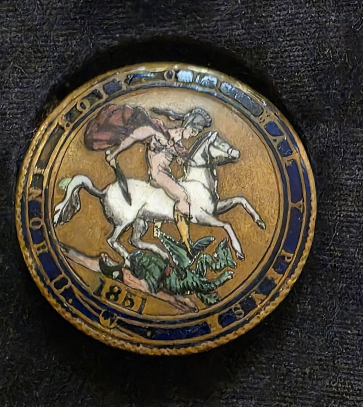 1851 Great Britain London Exhibition Crown Coin w/Enameled ST George, Pin Brooch