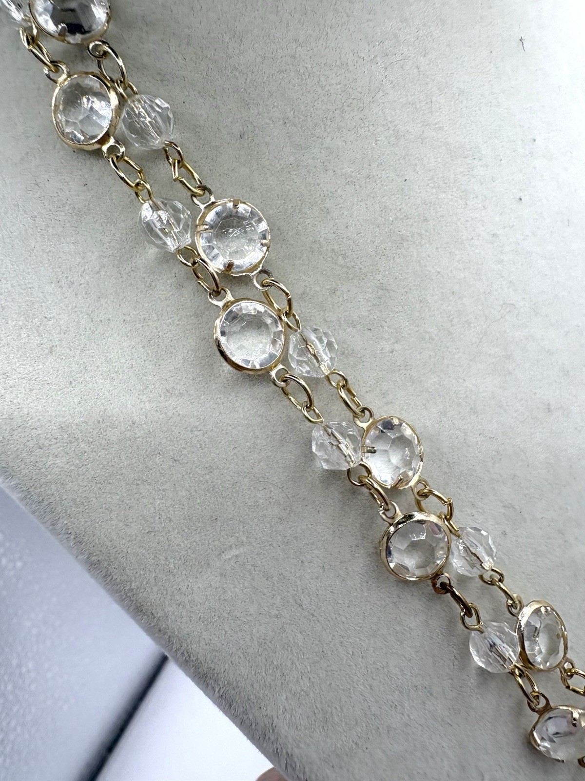 Gold Tone Bezel Set Acrylic Crystal Long Necklace VTG NOS 50”