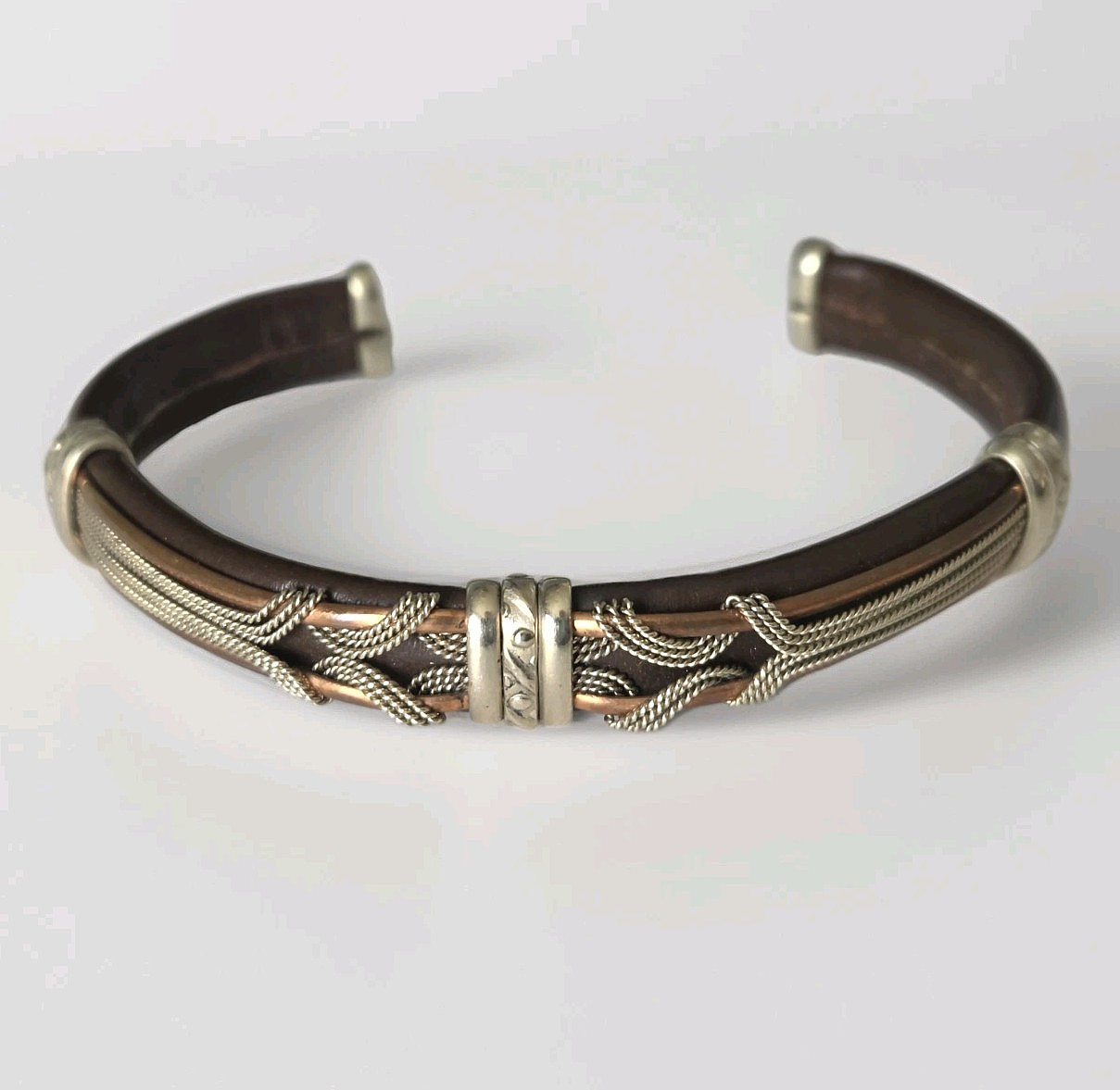 Vintage Brown Leather Cuff Boho Bracelet Copper Brass Base Southwestern Styl 7.5