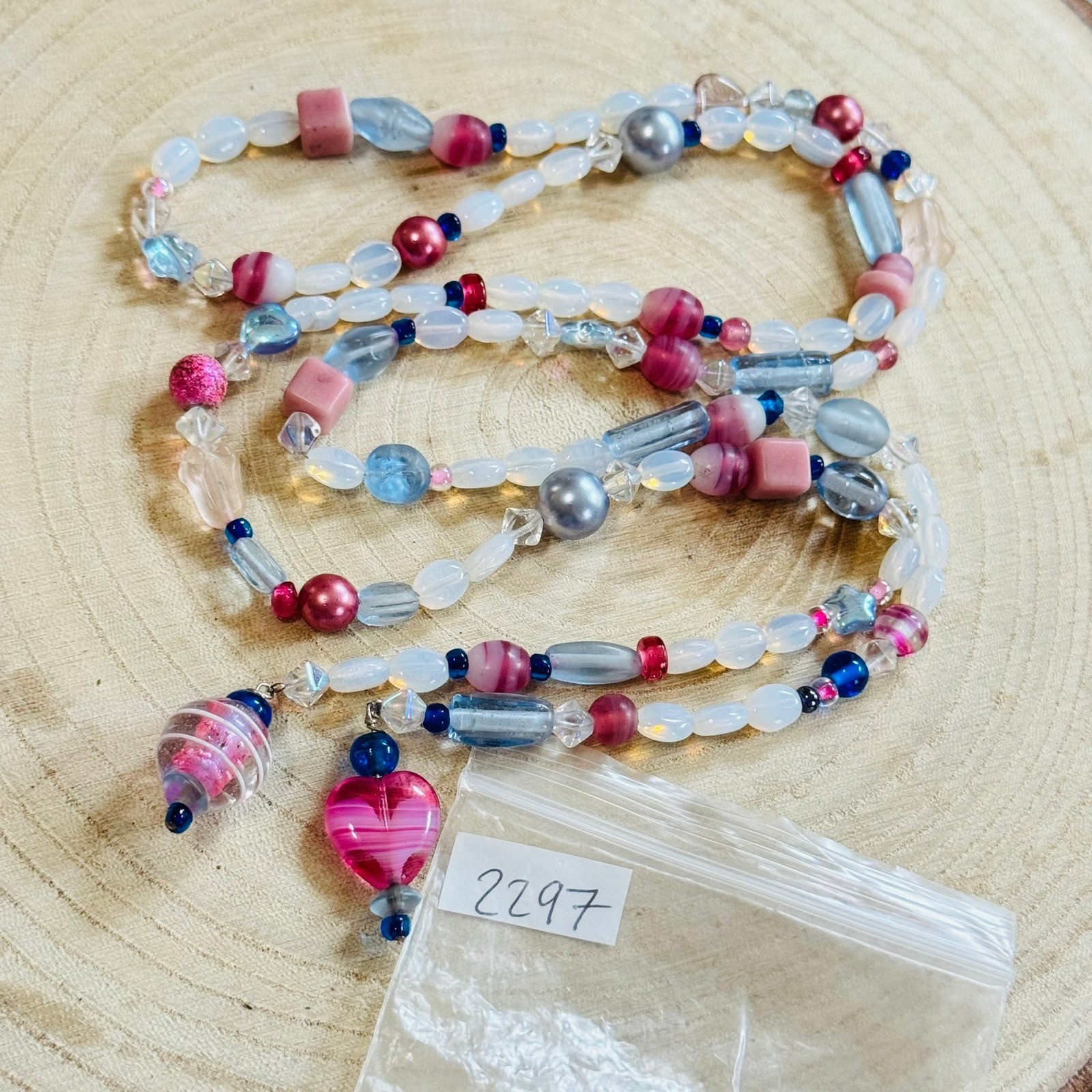 VTG pink Opalescent wrap Necklace Opalite Art Glass Beads moonglow long 38″ rare