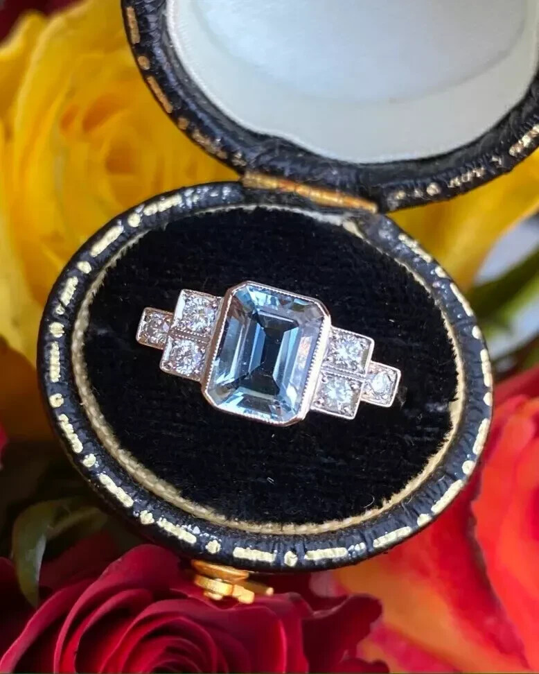 3Ct Aquamarine Art Deco Vintage Style & Lab-Created Diamond Wedding Silver Ring