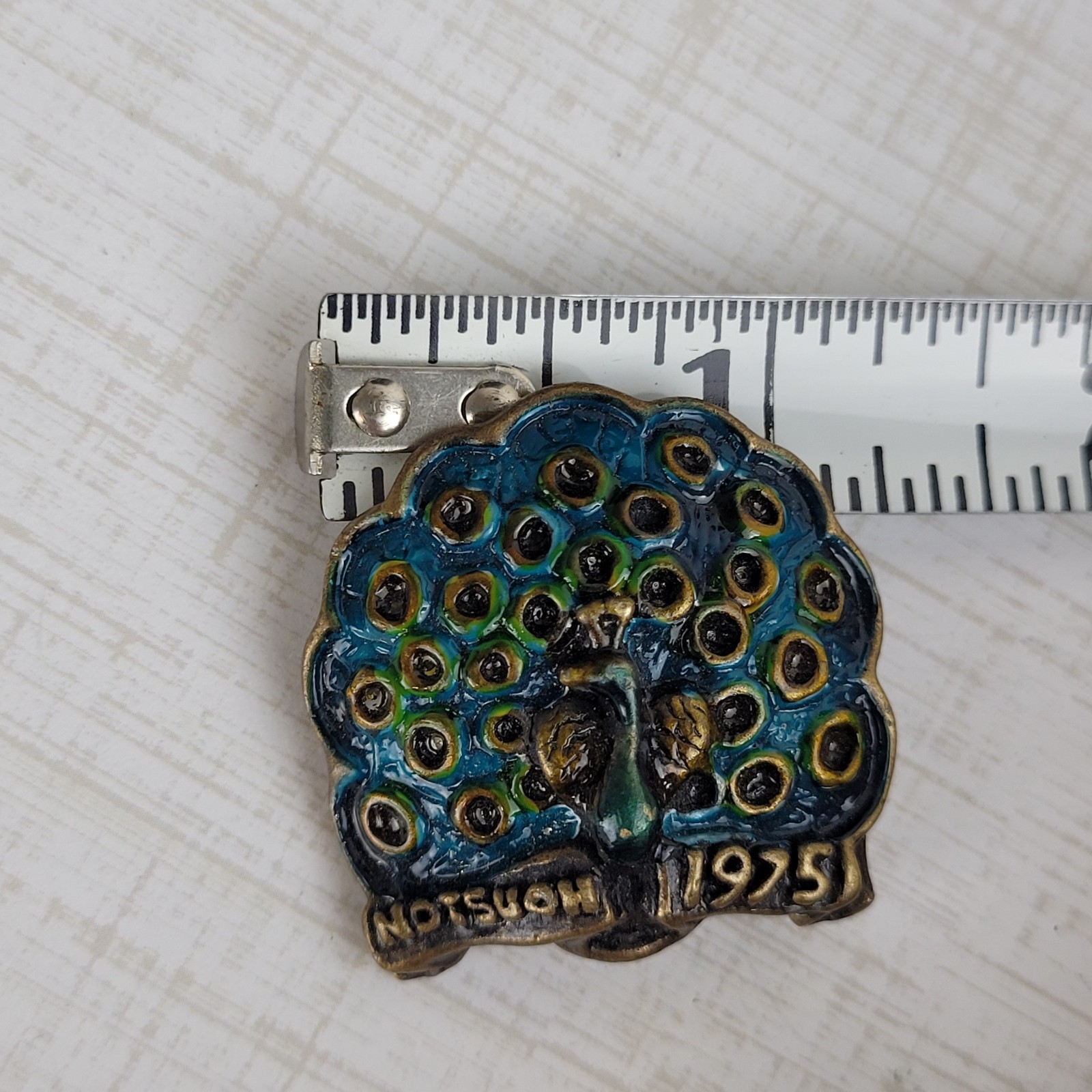 Vintage Peacock Brooch Metal Multicolor Enamel Notsuoh 1975 Houston Signed KIM