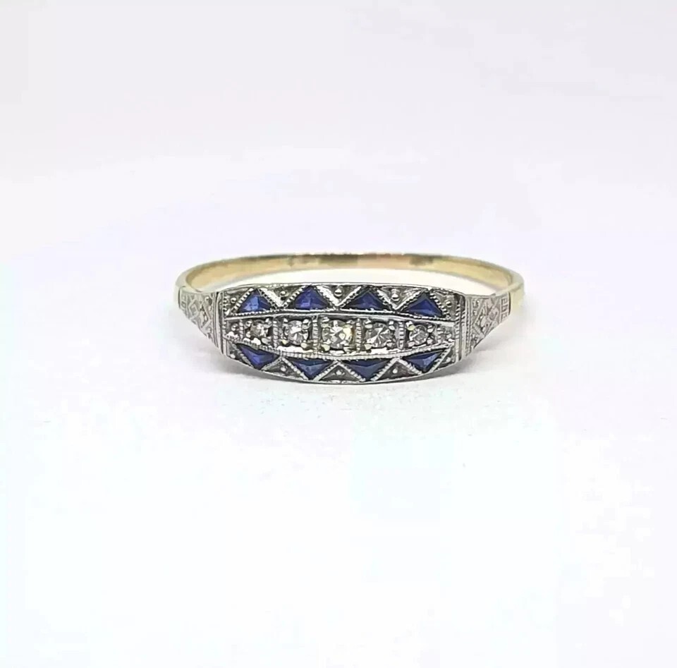 Art Deco Vintage Style Lab-Created Diamond Sapphire 14k Gold FN Engagement Ring