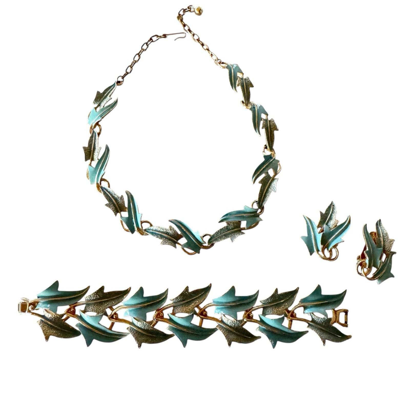 1960’s Signed Mode Art Light Blue Enamel Leaves Bracelet Necklace Clip Earrings
