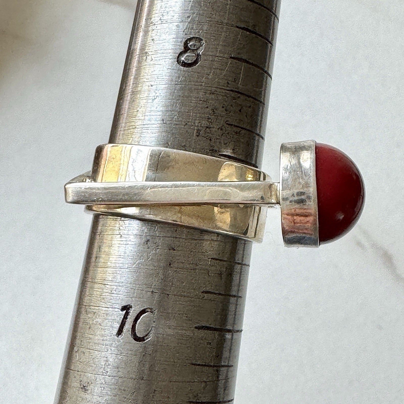 Red Index Finger Modernist Ring Square Geometric SZ 9 Signed Sterling Silver 925