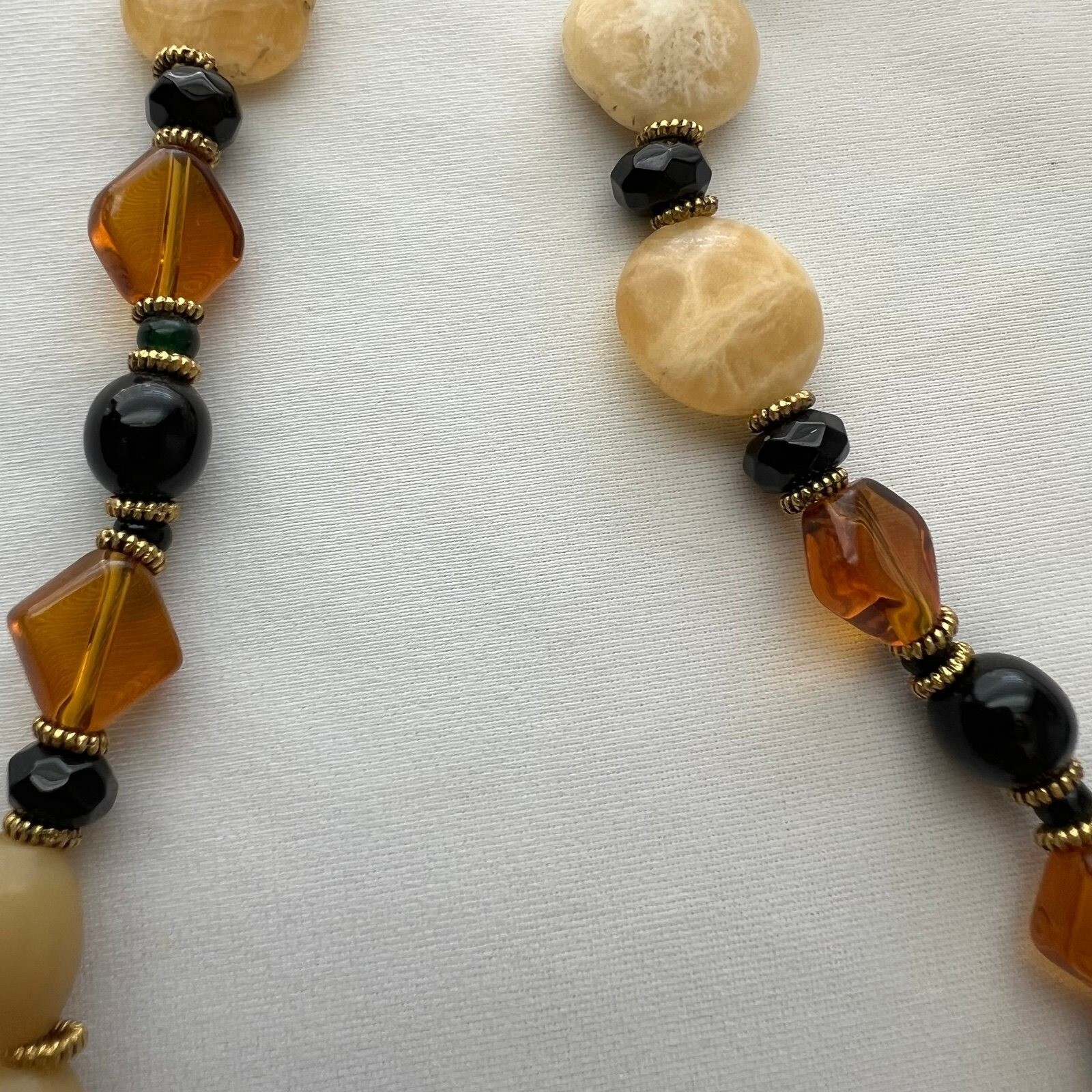 Boho Genuine Yellow Calcite Stone Handblown Art Glass Pendant Gold Tone Necklace