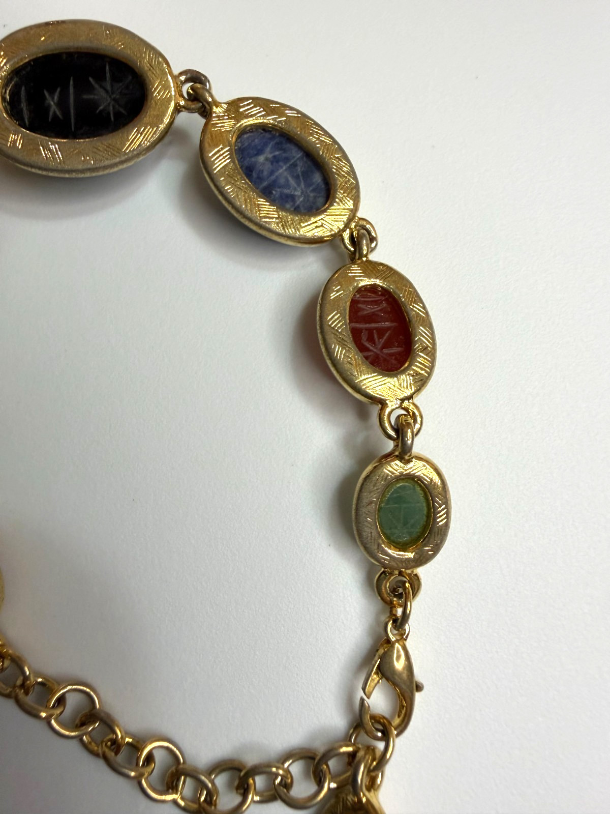 Vintage Multi Gemstone Egyptian Revival Scarab Link Bracelet Mid-Century Rainbow