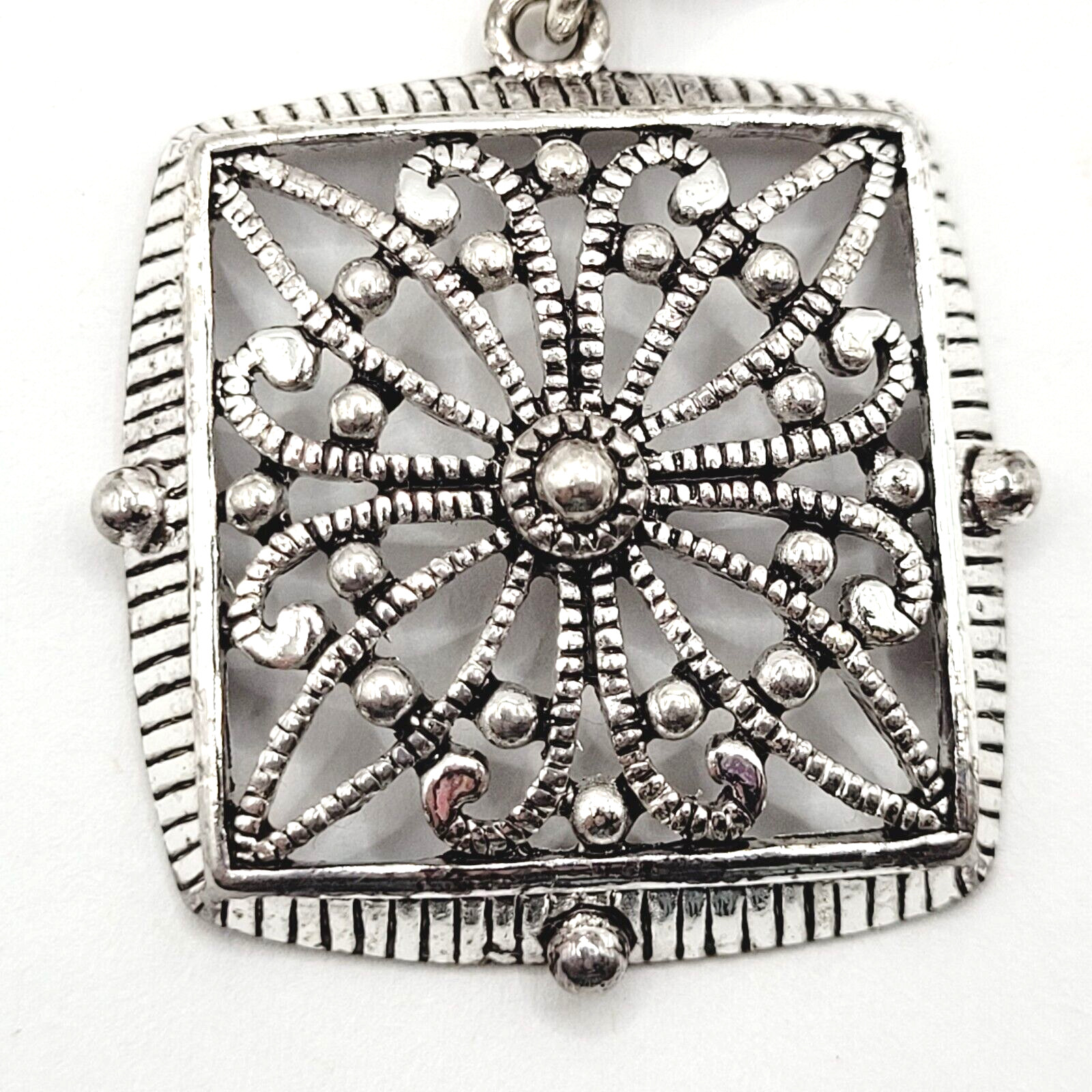 Napier Two Chain with Square Floral Filigree Ornate Silver Tone Pendant Necklace