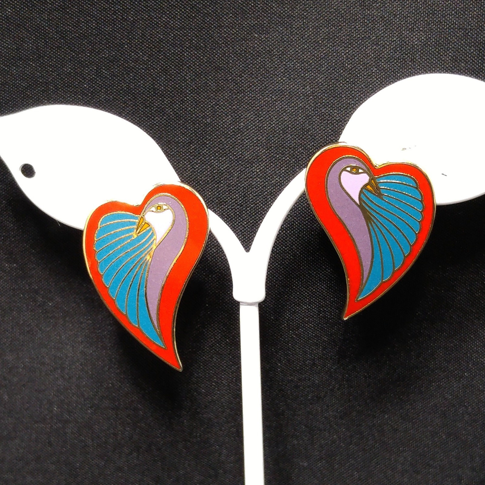 Laurel Burch “Dove Heart” Post Earrings, Gold Plated, 1980s Vintage Jewelry