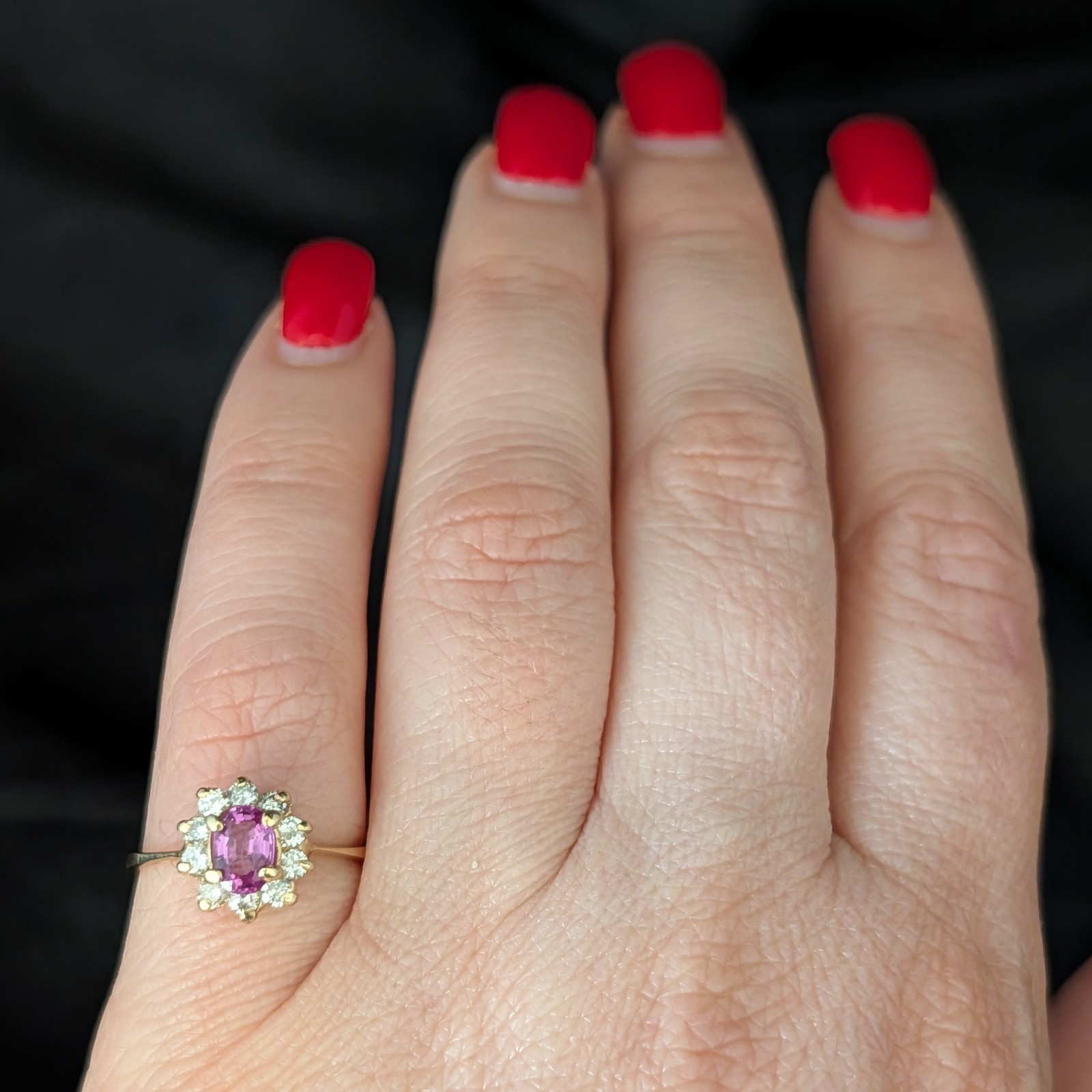 Vintage Pink Sapphire Diamonds 14k Yellow Gold Halo Ring Estate Jewelry Gift