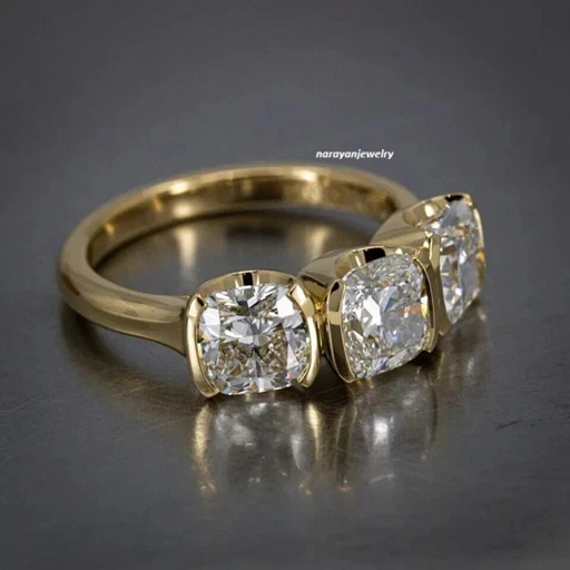 1.50 Ct Cushion Cut Lab-Created Three Stone Engagement Ring 14K Yellow Gold FN