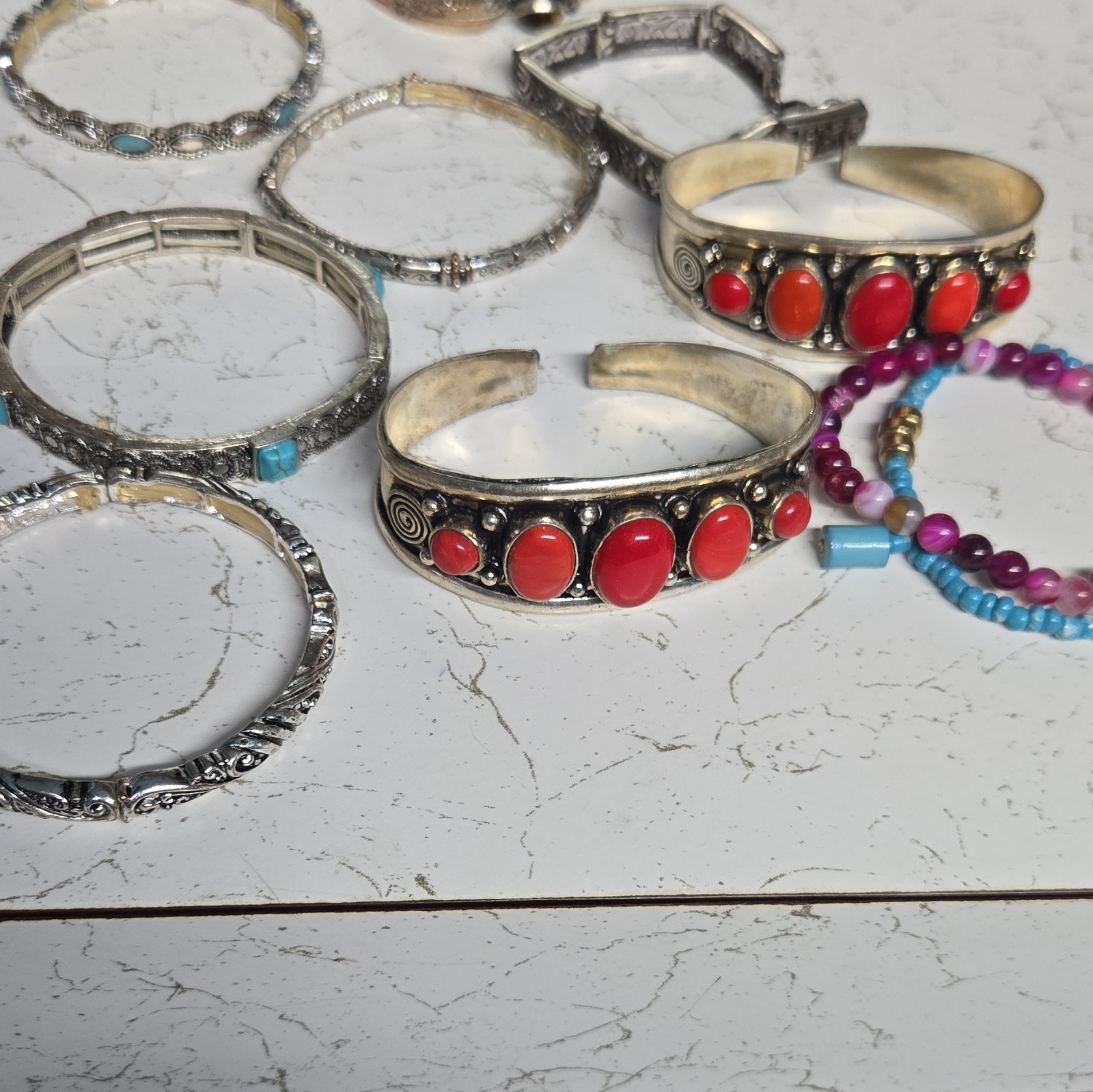 7pc Mixed Lot Silver-Tone Metal Bangles & Bracelets w/ Red Stones, Blue/Purple